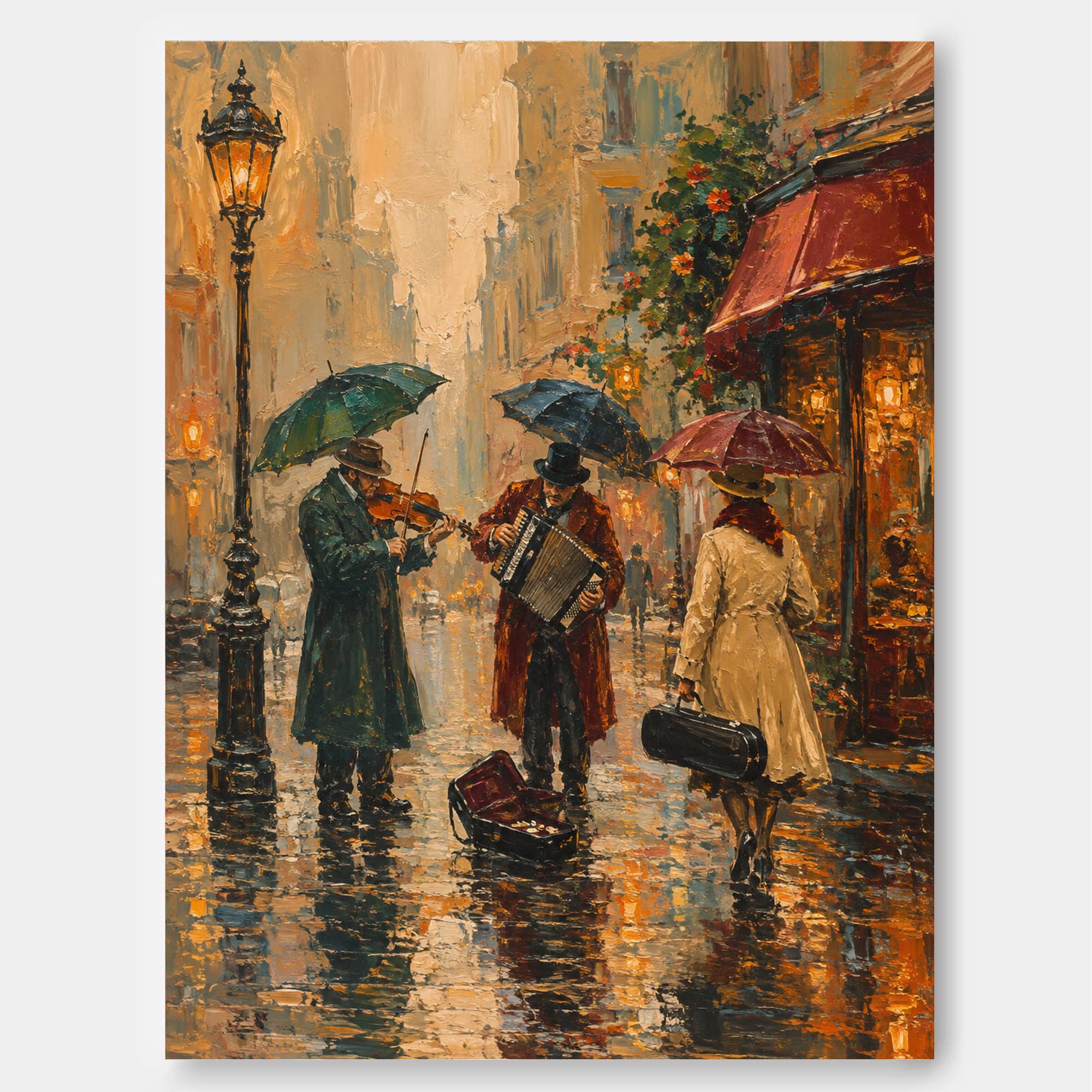 Rainy Street Musicians Oil Painting Vintage City Life Wall Art Decor For Living Room