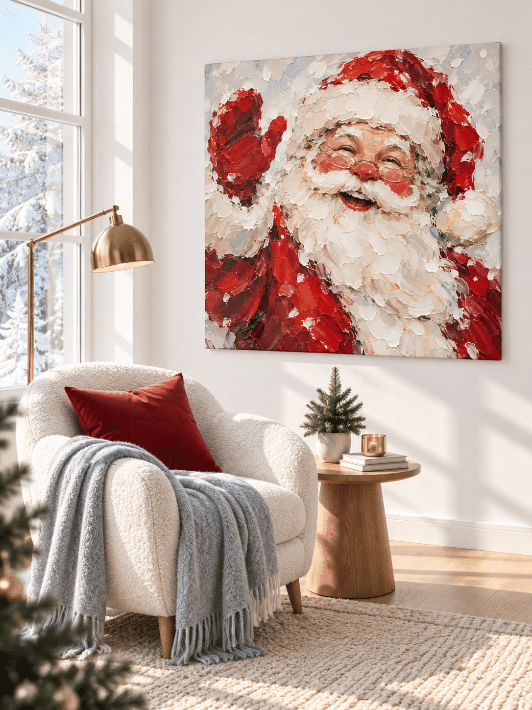 Hand-Painted Santa Claus Portrait With Red Hat And Glasses Canvas Art