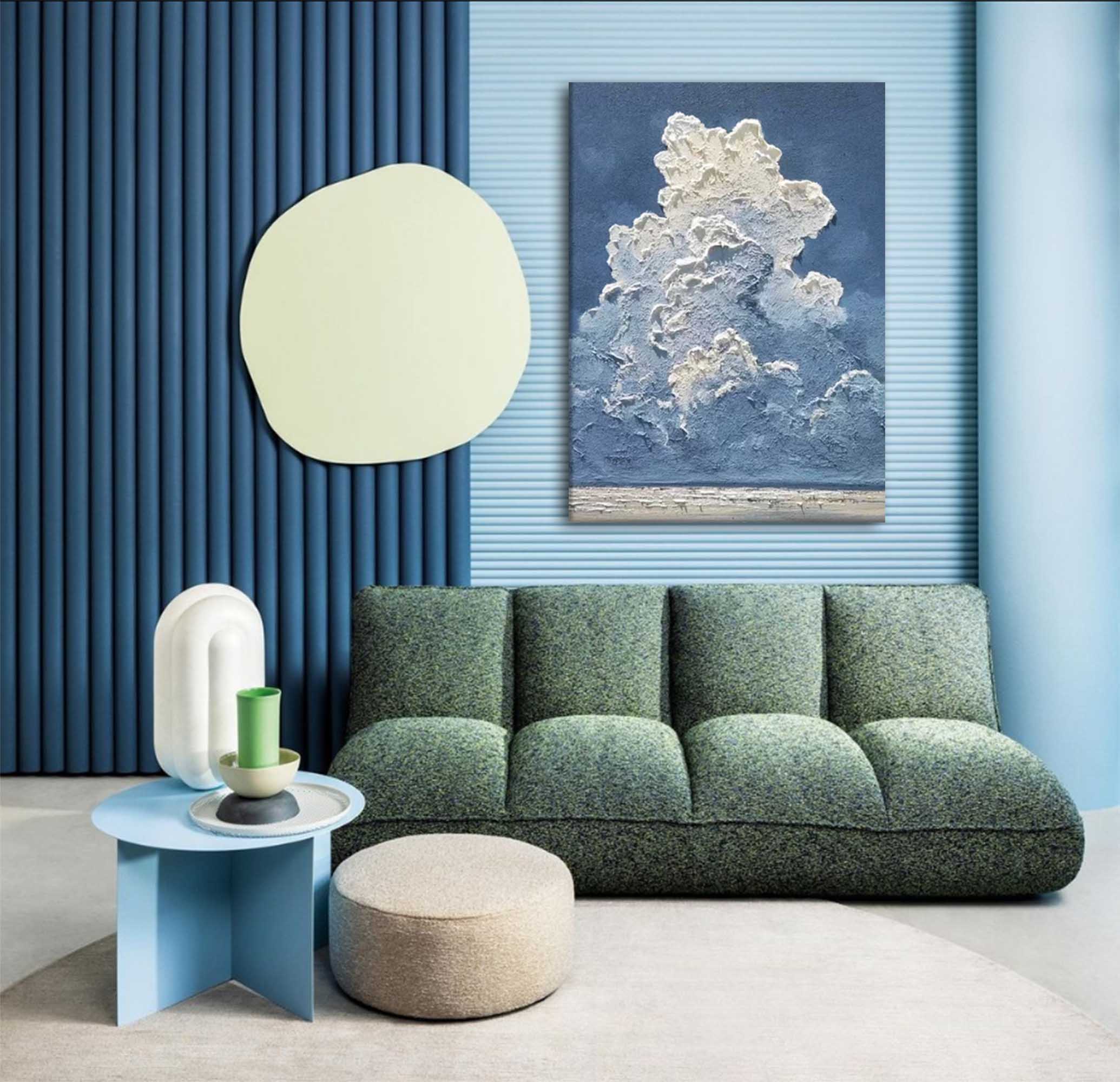 Blue Texture Large Cloud Painting On Canvas Abstract White Cloud Oil Painting Living Room
