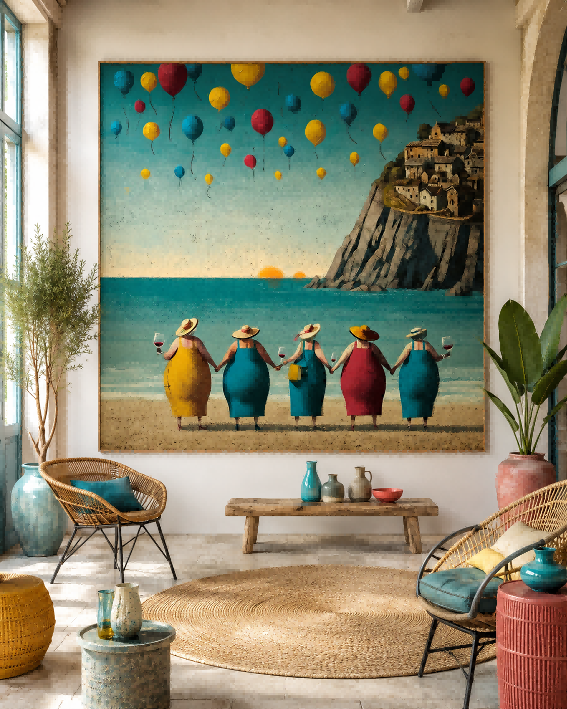 Vibrant Colorful Square Canvas Art Of Coastal Sunset And Friends