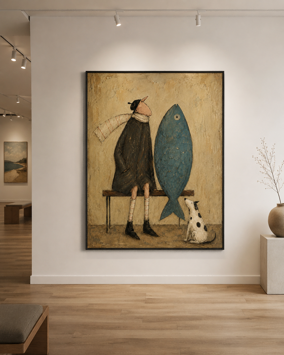 Whimsical Vintage Canvas Painting Of Man And Giant Fish Original Art