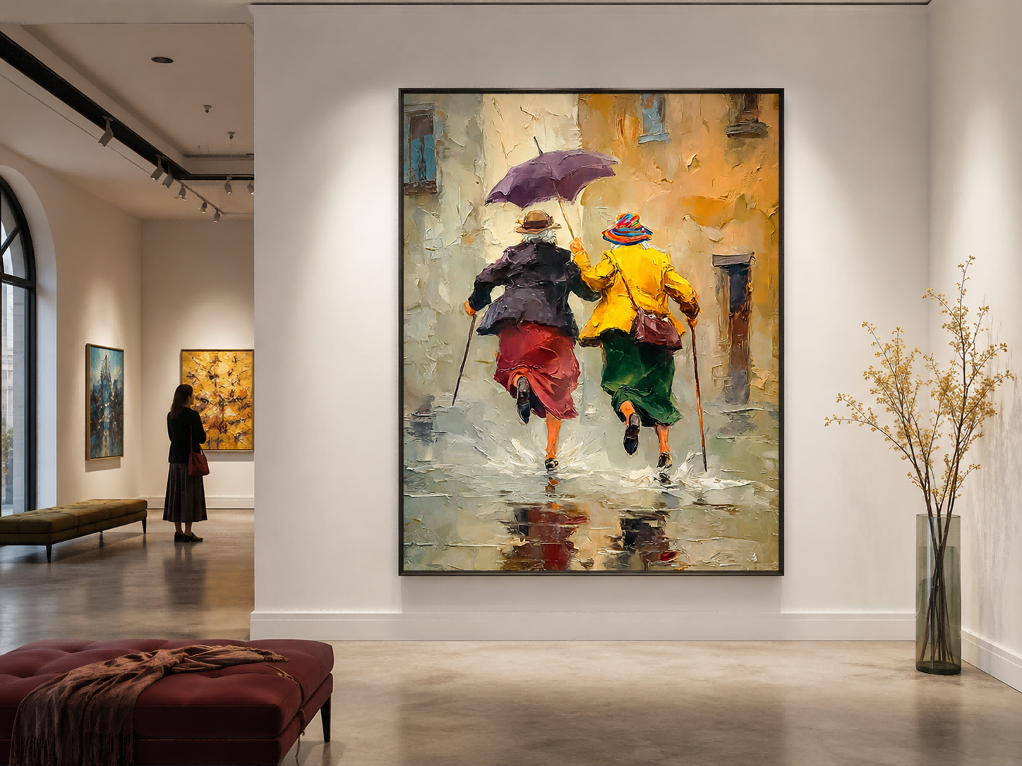 Impressionist Oil Painting Of Two Women Running In Rain With Umbrella For Living Room Wall Art Decor
