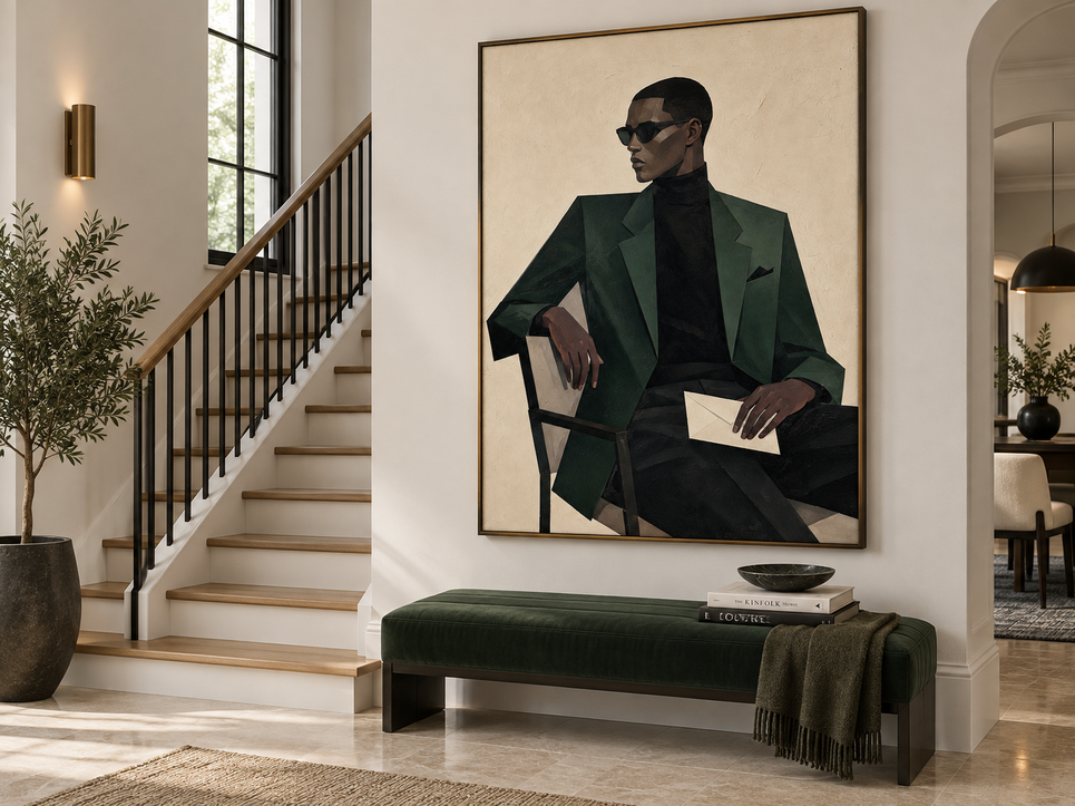 Minimalist Geometric Oil Painting Of A Man In Sunglasses And Suit