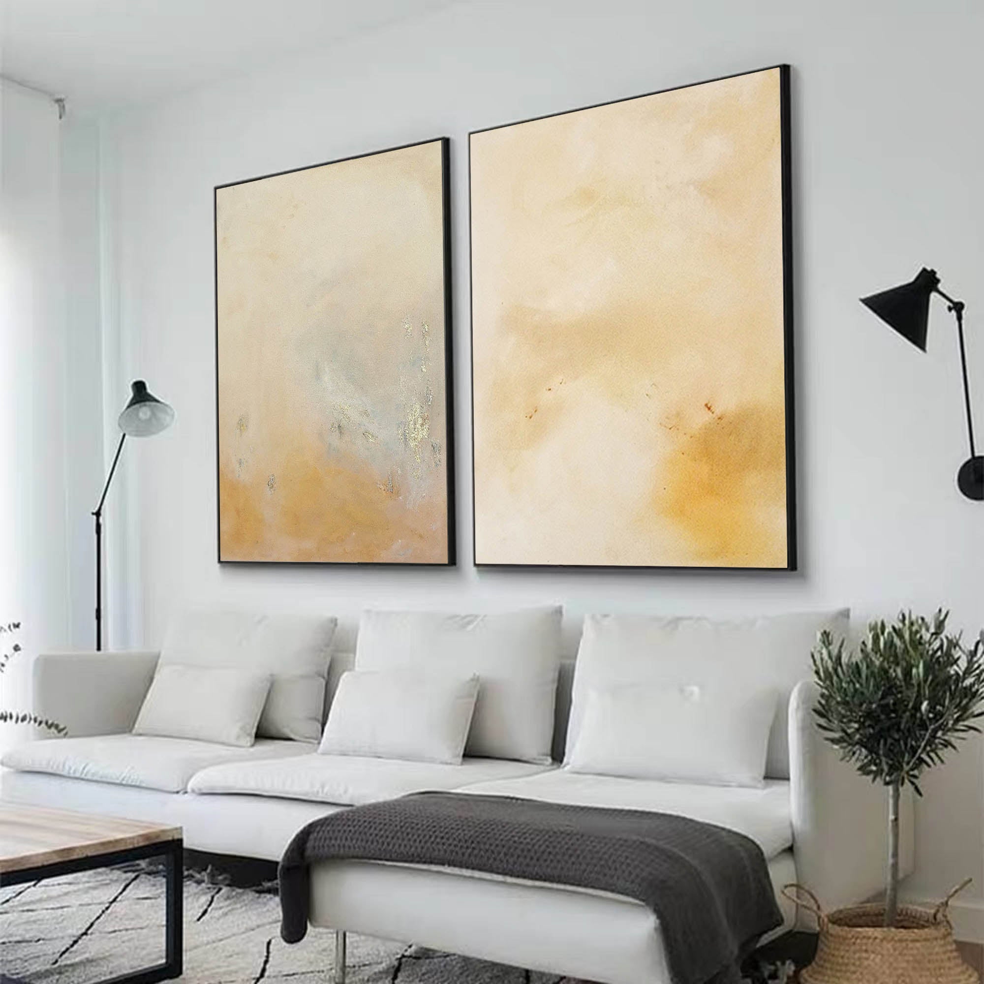 Set of 2 Yellow Minimalist Abstract Oil Paintings Contemporary Canvas Wall Art For Living Room