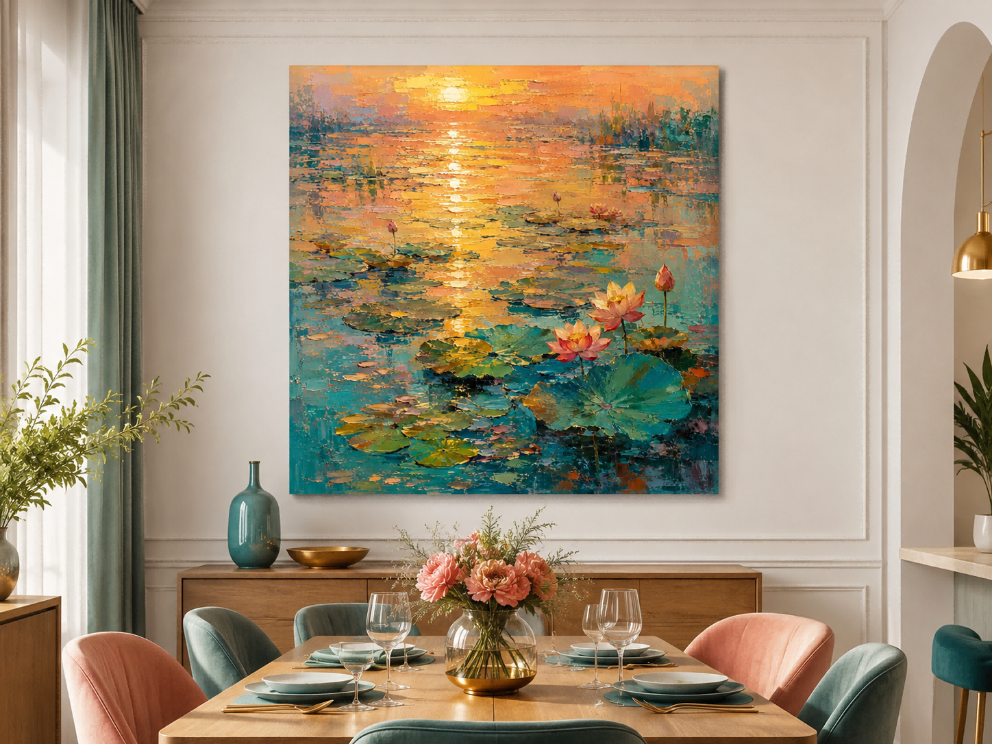 Modern Impressionist Floral Landscape Oil Painting With Gold And Pink Hues