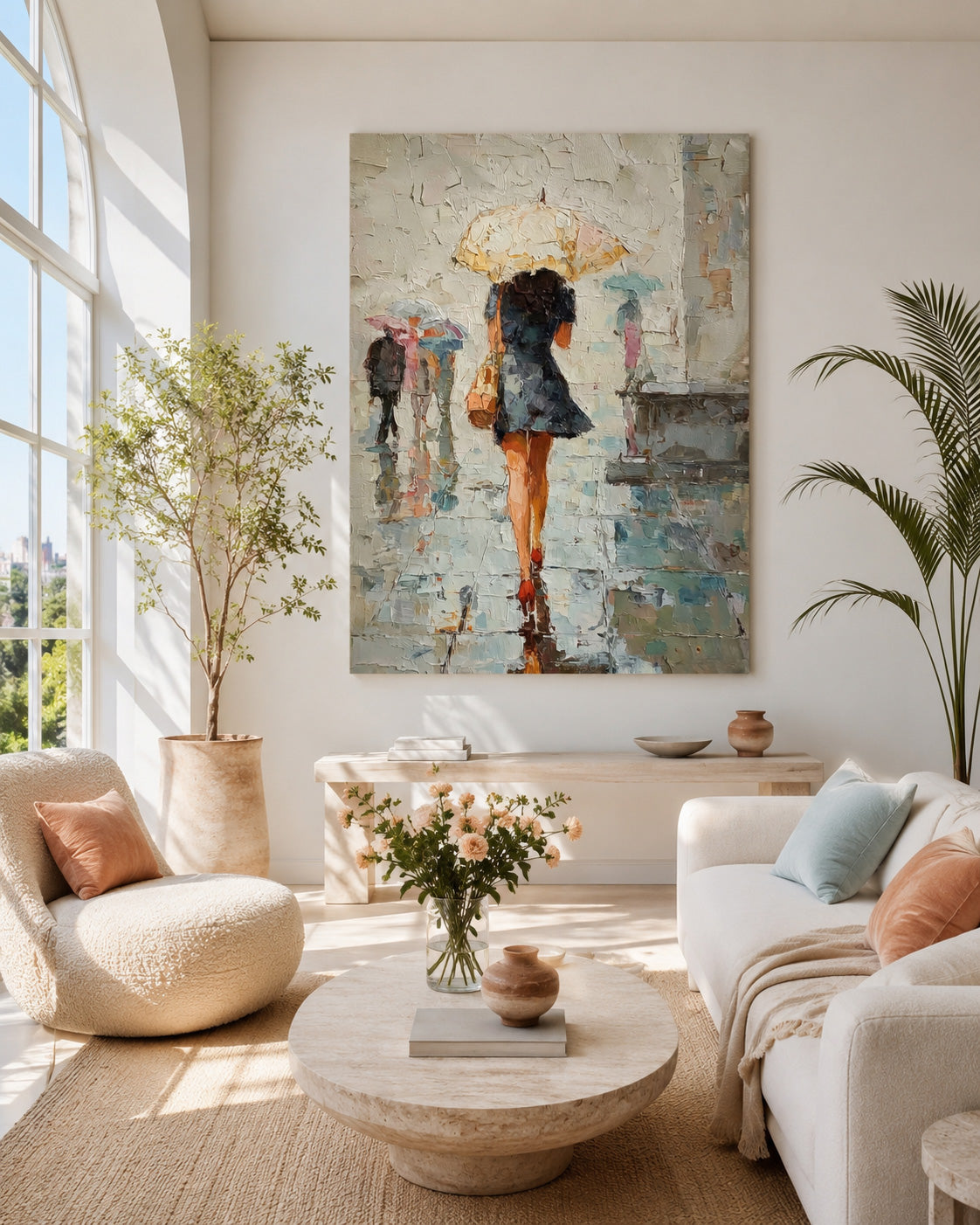Rainy City Street Oil Painting Of Woman With Umbrella For Modern Home Decor