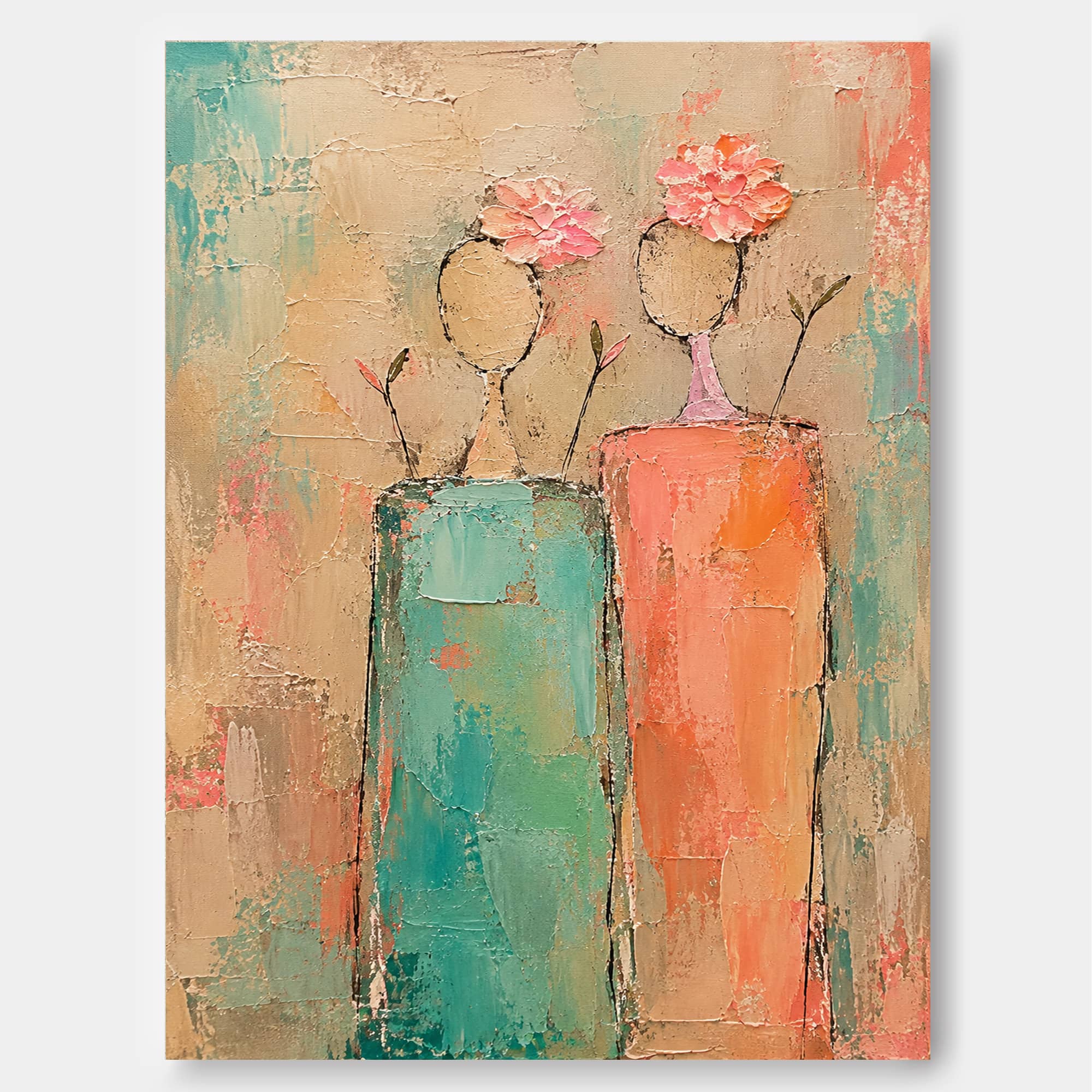 Abstract Floral Women Canvas Painting Hand-Painted Modern Art With Impasto Texture Modern Impasto Oil Painting Abstract Ladies With Flowers For Contemporary Home Decor