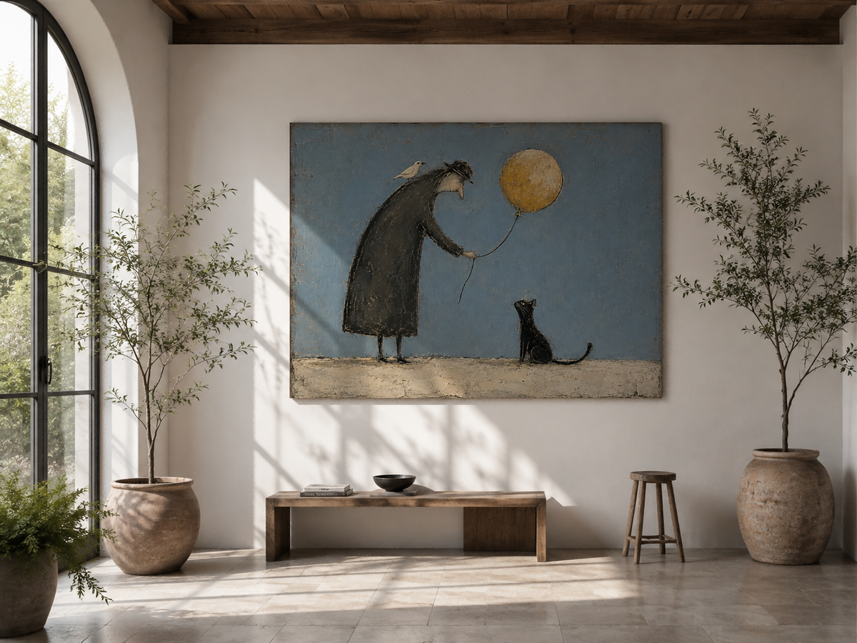 Healing Vintage Illustration Canvas Art Golden Blue Tones Whimsical Living Room Wall Art Modern Vintage Animal Painting