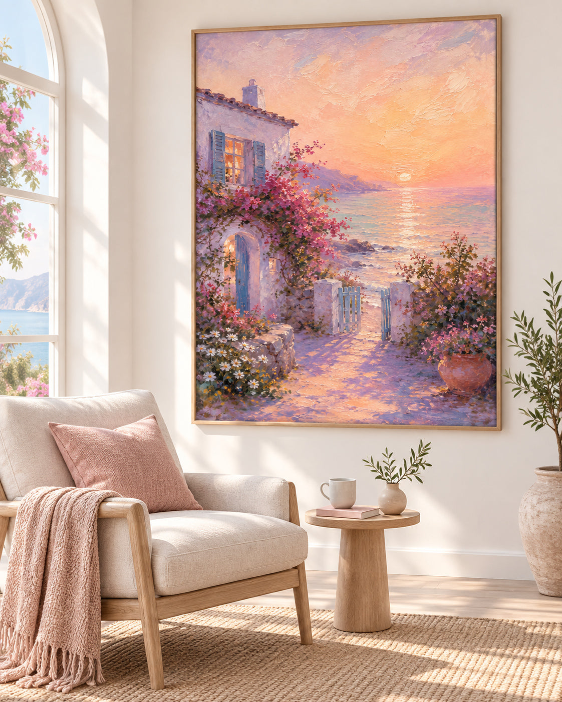 Mediterranean Sunset Cottage Hand-Painted Canvas Art With Pink Flowers