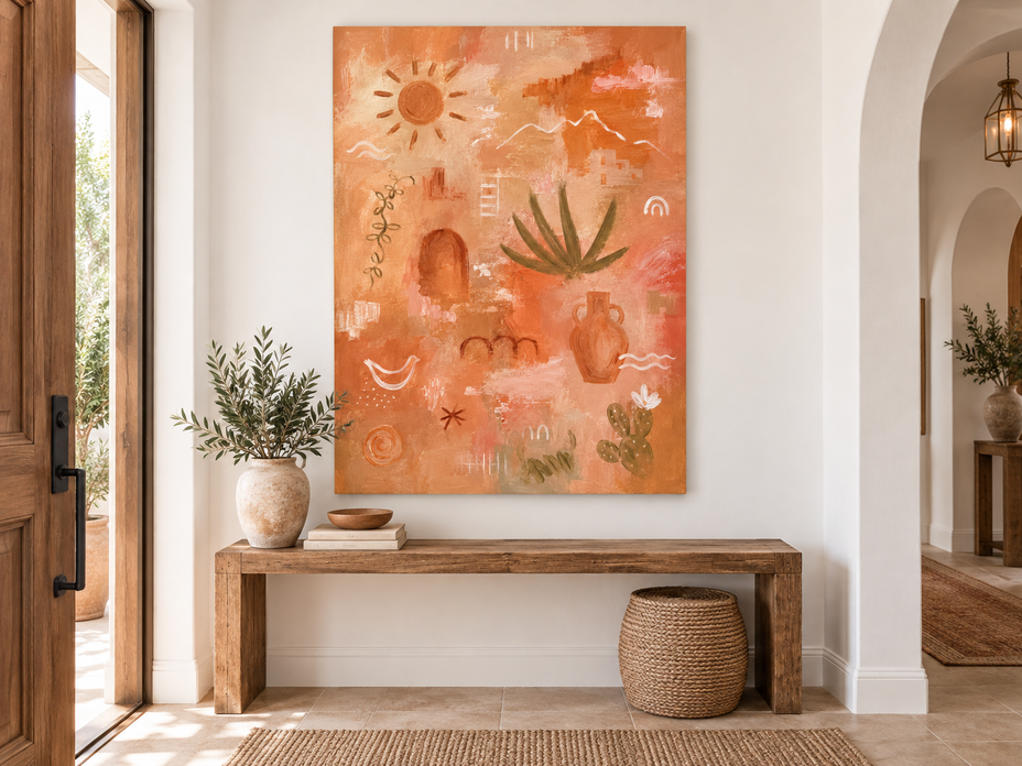 Modern Abstract Geometric Canvas Painting In Sandy Beige And Orange With Earthy Southwestern Aesthetic