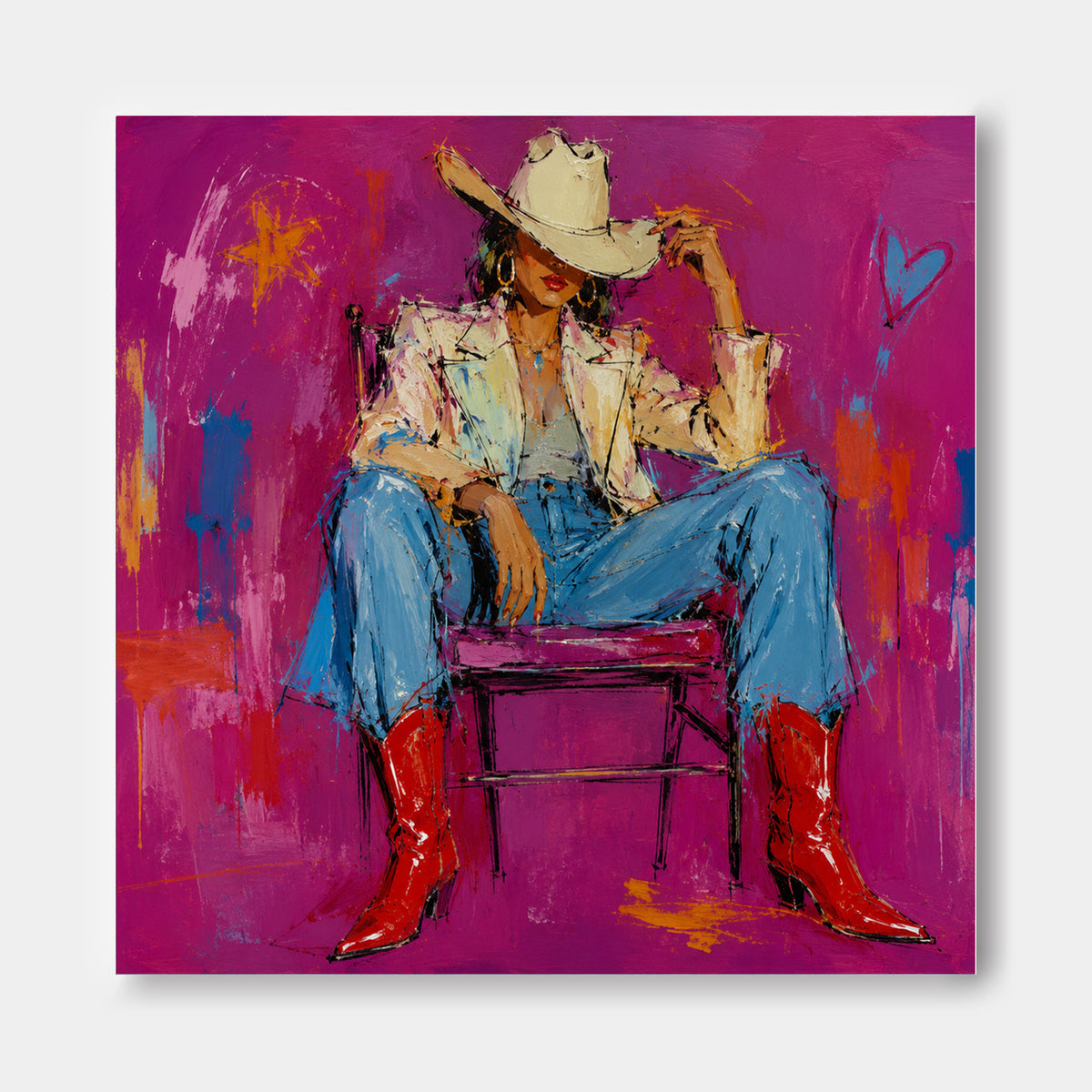 Vintage Pop Art Canvas Painting With Bright Magenta And Blue