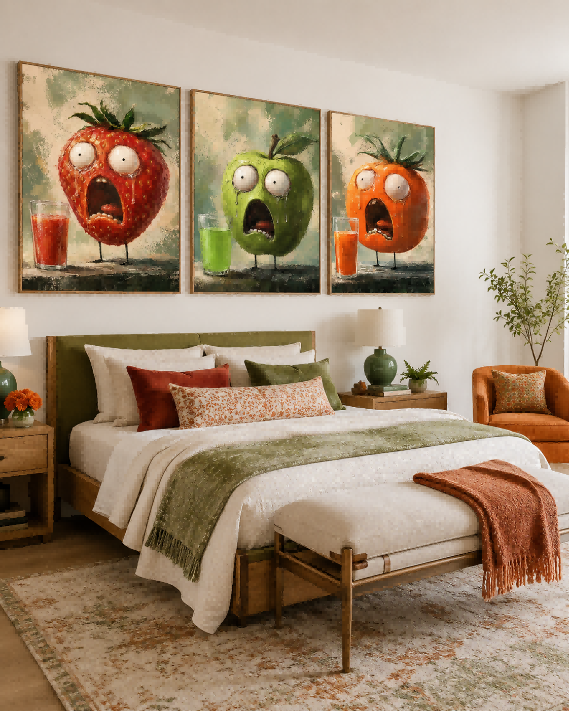 3P Original Oil Painting Of Anthropomorphic Fruits With Expressive Textured Finish