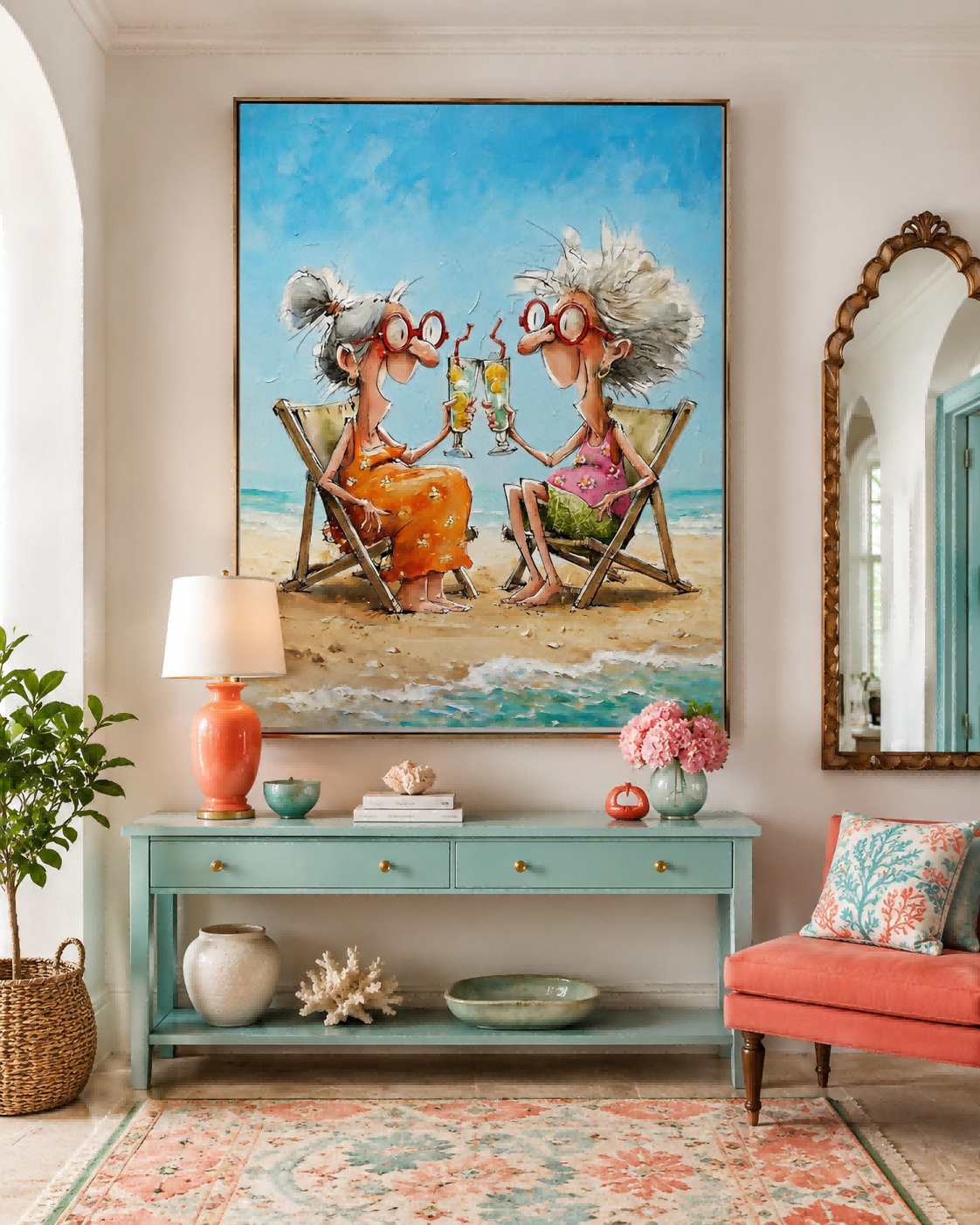 Colorful Illustrative Canvas Art Featuring Funny Seniors At The Beach In Orange And Pink