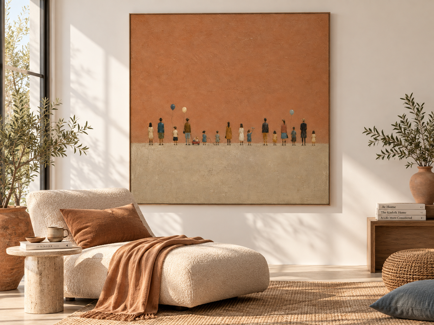 Hand-Painted Minimalist People Art On Textured Brown Canvas