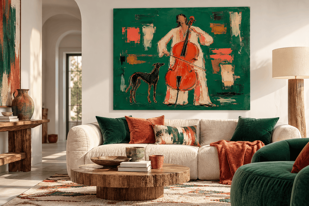 Textured Abstract Expressionist Art Elegant Musical Figure Painting In Emerald Tones