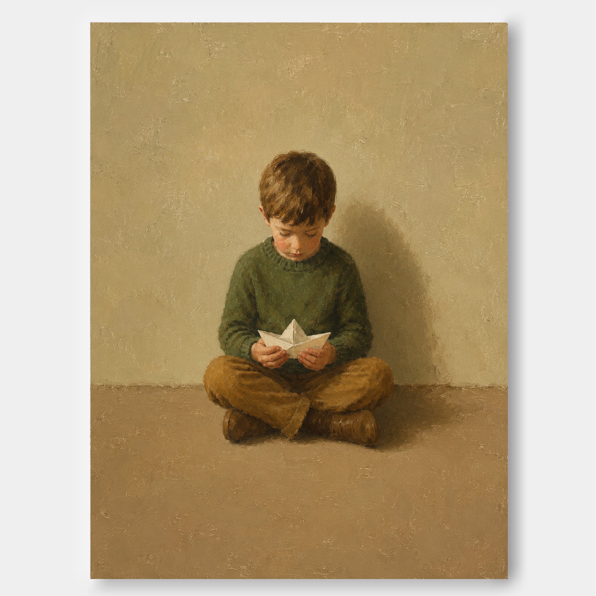 Boy With Paper Boat Hand-Painted Canvas Art In Green And Beige Tones