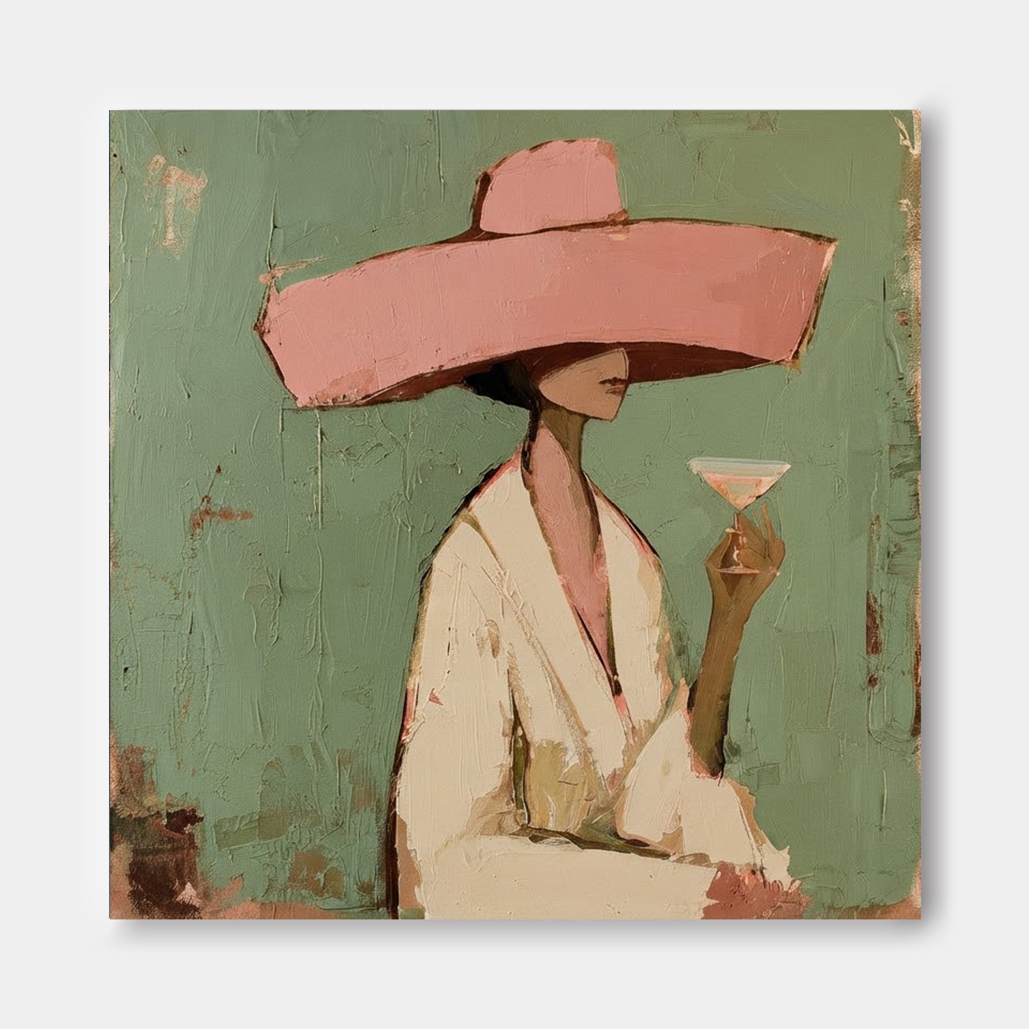 Vintage Minimalist Woman Painting With Pink Hat Green Background For Living Room Decor