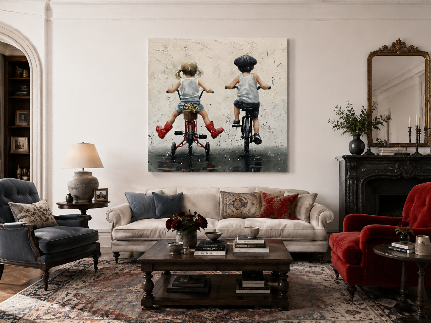 Charming Kids Riding Bikes In Rain Original Oil Painting Square Canvas Wall Art For Nursery