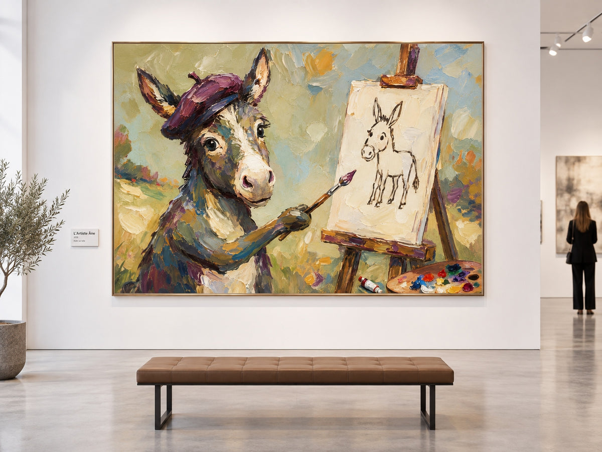 Hand-Painted Donkey Artist Canvas Painting With Beret In Olive Green Tones