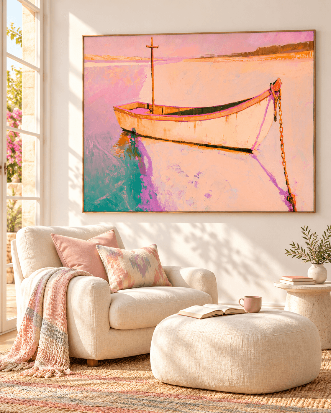 Hand-Painted Boat On Water Canvas Art With Pink Sunset