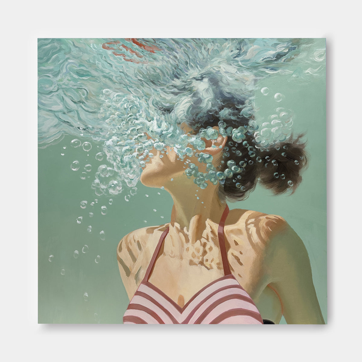 Underwater Swimmer Canvas Painting Hand-Painted Original Art With Bubbles