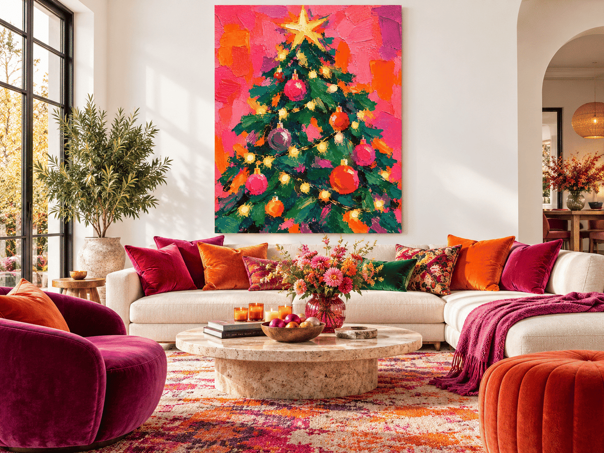 Abstract Christmas Tree Painting Hand-Painted Modern Holiday Wall Art With Star