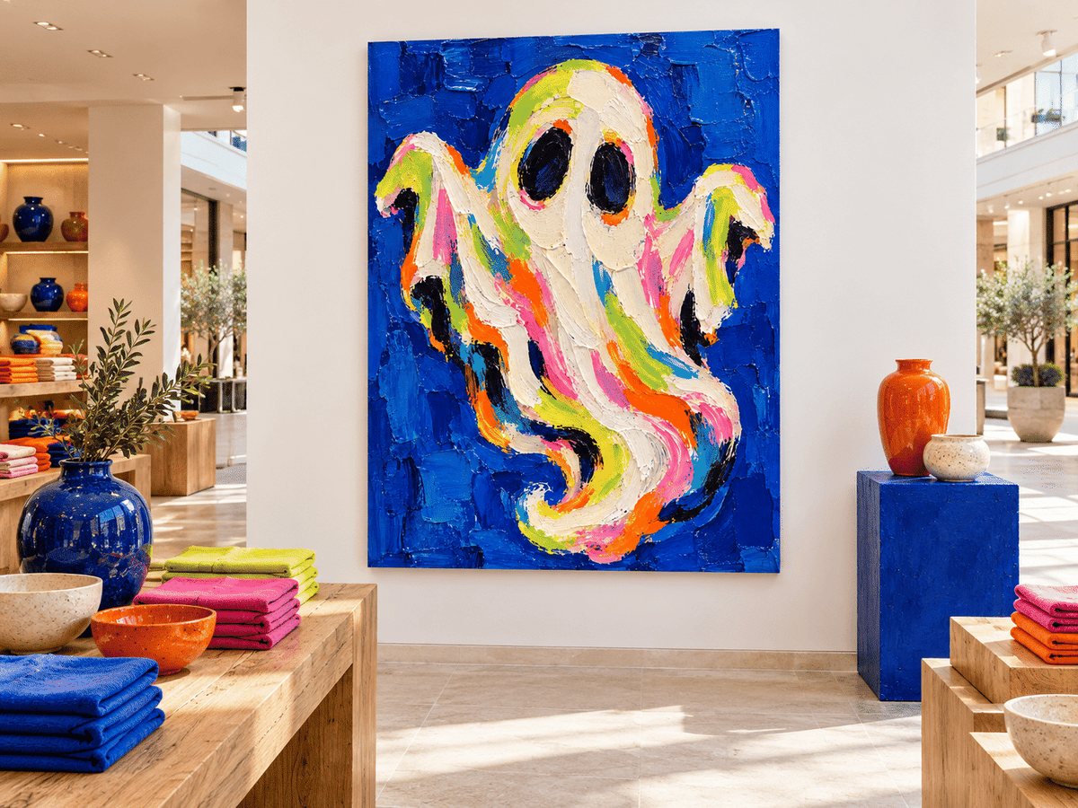 Hand-Painted Neon Ghost Abstract Art On Deep Blue Canvas