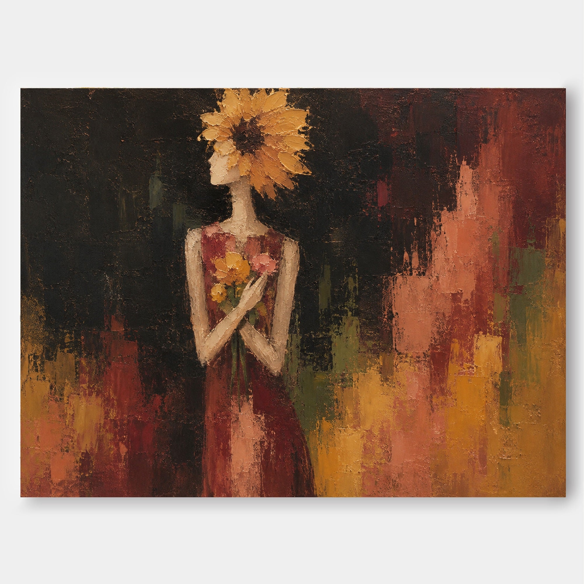 Vintage Sunflower Woman Painting Abstract Floral Portrait Art For Living Room Wall Decor