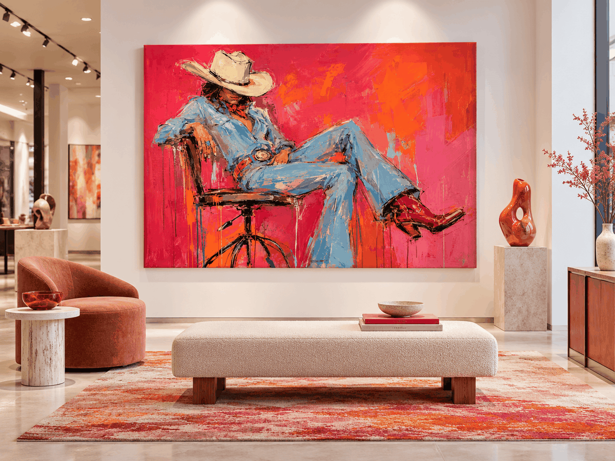 Vintage Modern Textured Art With High-Contrast Colors And Western Theme