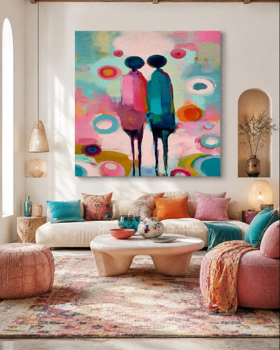 Romantic Wall Art Decor Abstract Pink And Teal Painting For Bedroom Or Lounge