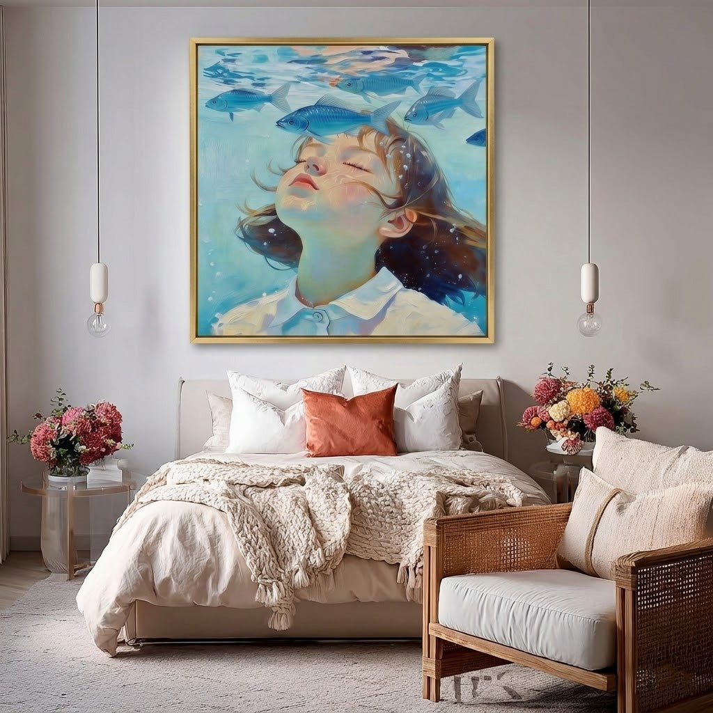 Hand Painted Square Canvas Art Girl Swimming With Fish Contemporary Interior Design