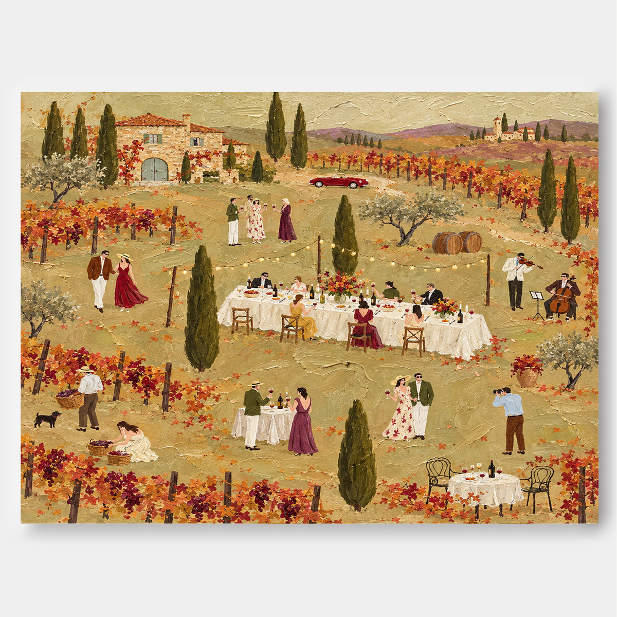 Tuscan Vineyard Dinner Party Hand-Painted Canvas Wall Art In Warm Autumn Colors