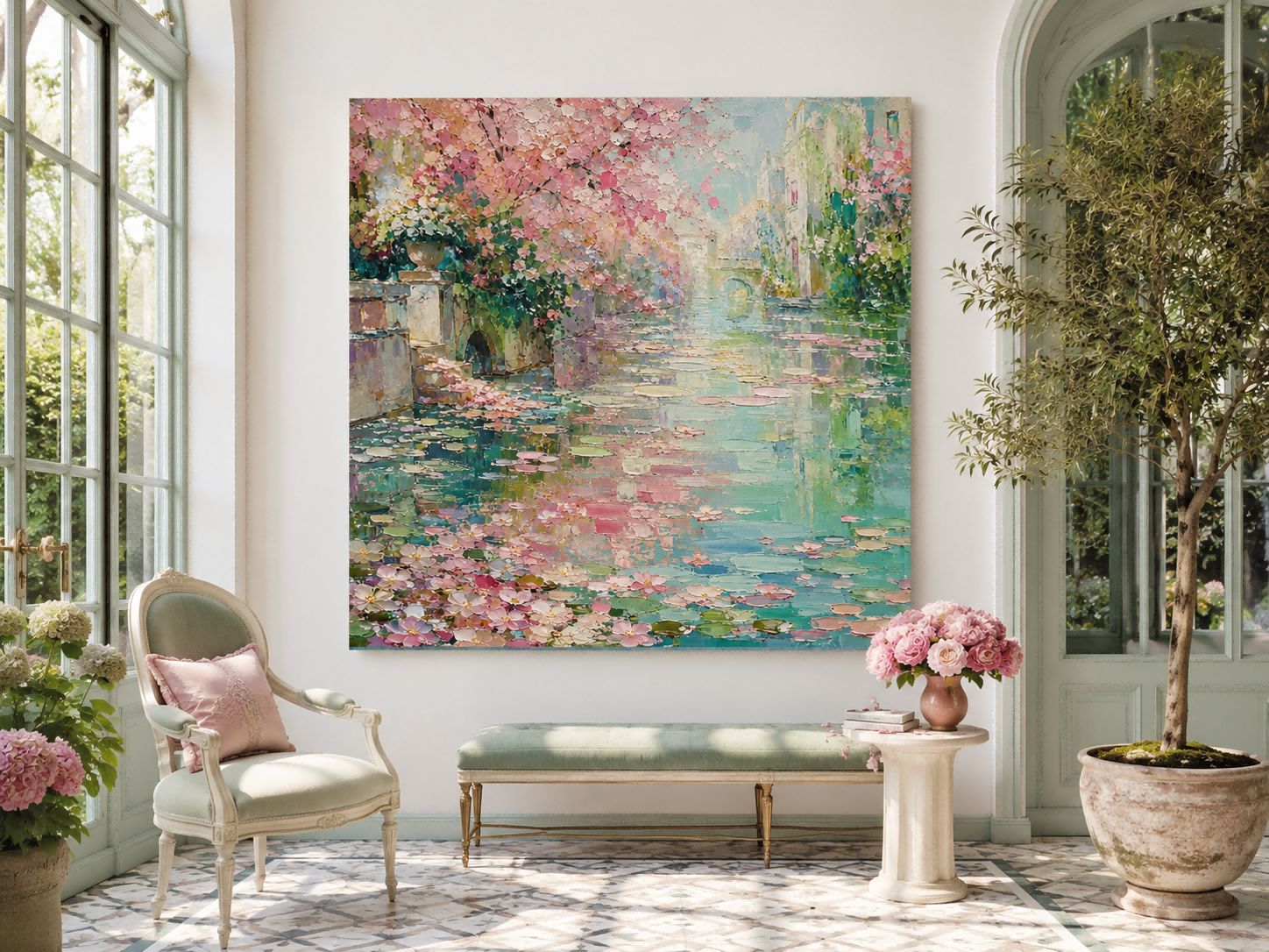 Modern Impressionist Style Pink And Green Textured Wall Art With Flowers