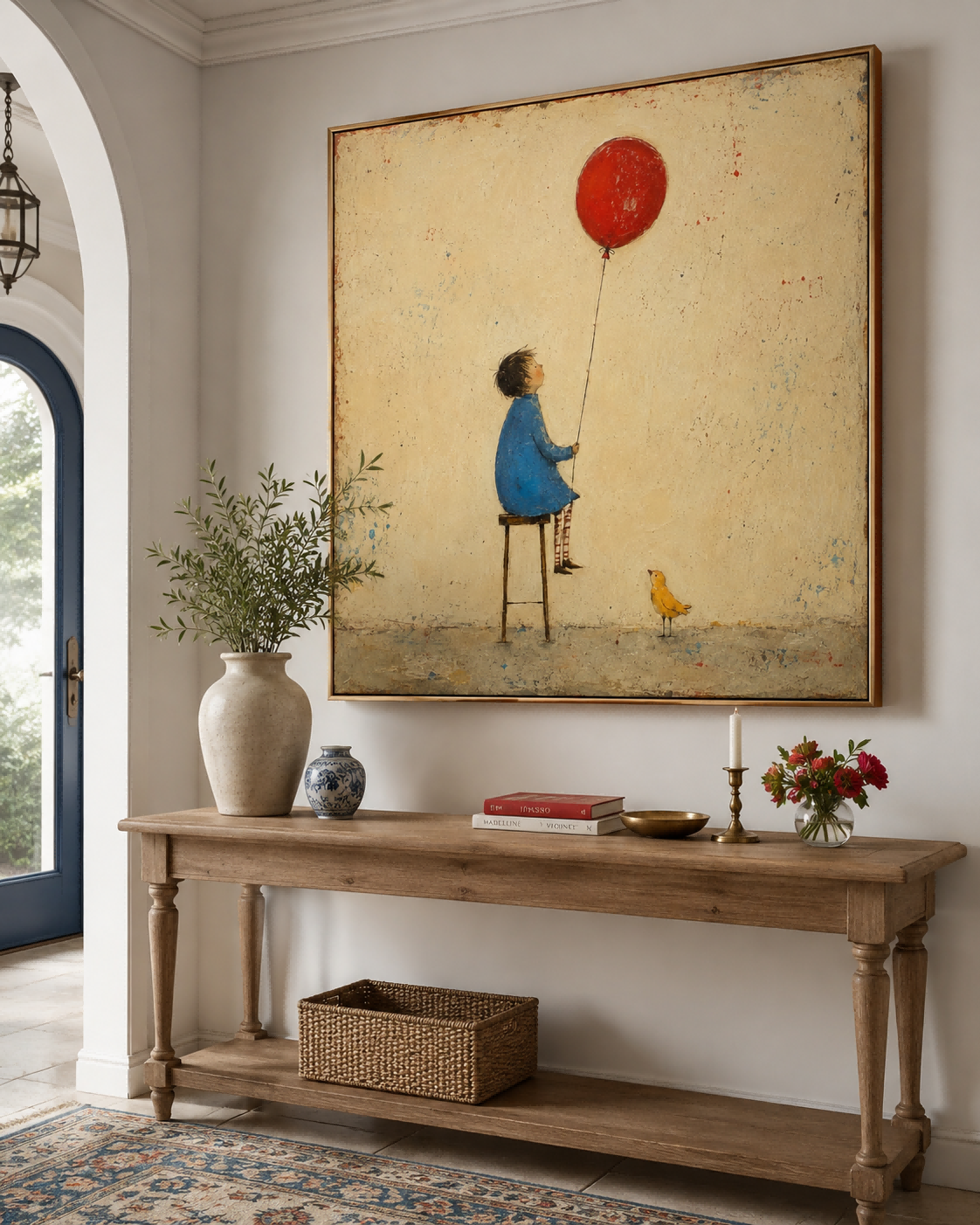 Retro Fairy Tale Illustration Original Canvas Painting Beige Blue Hand-Painted Child With Red Balloon And Bird Vintage Canvas Art