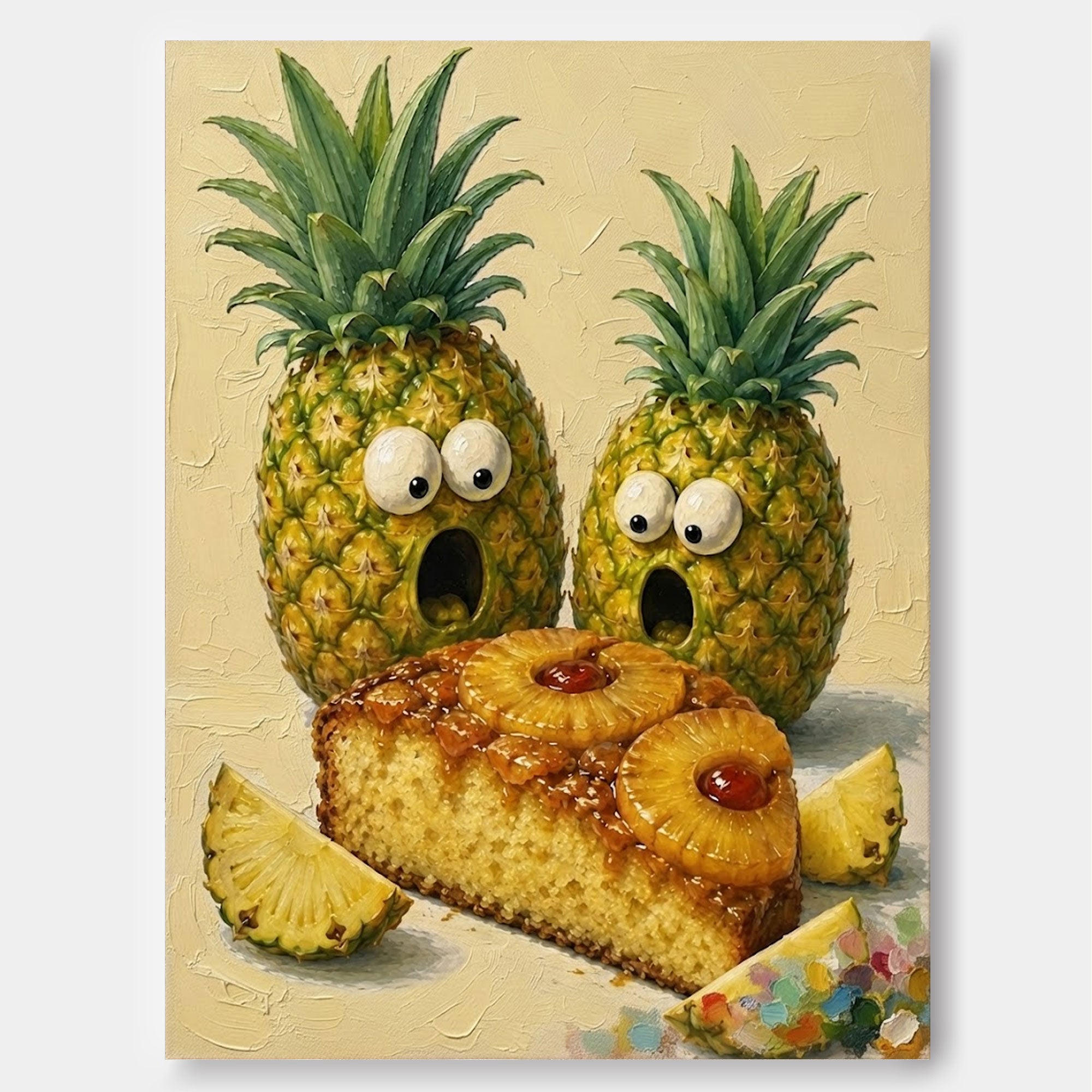Surreal Pop Art Pineapple Surprise Square Canvas Painting Warm Tones For Eclectic Dining Room And Lounge Areas