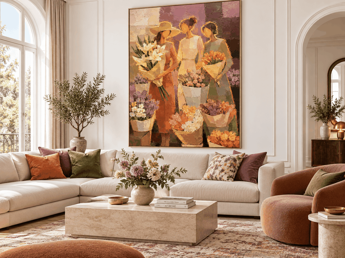 Modern Impressionist Textured Canvas Painting Hand-Painted Floral Market Scene With Three Women Canvas Art