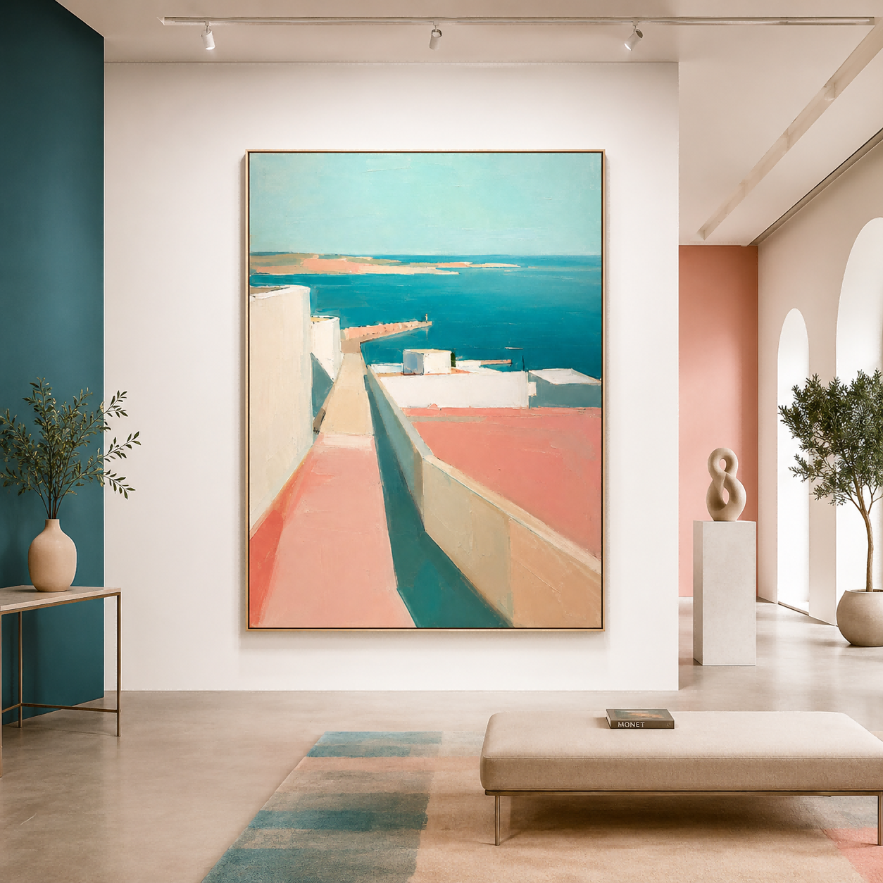 Abstract Coastal Architecture Art With White Buildings And Turquoise Sea Vertical Canvas