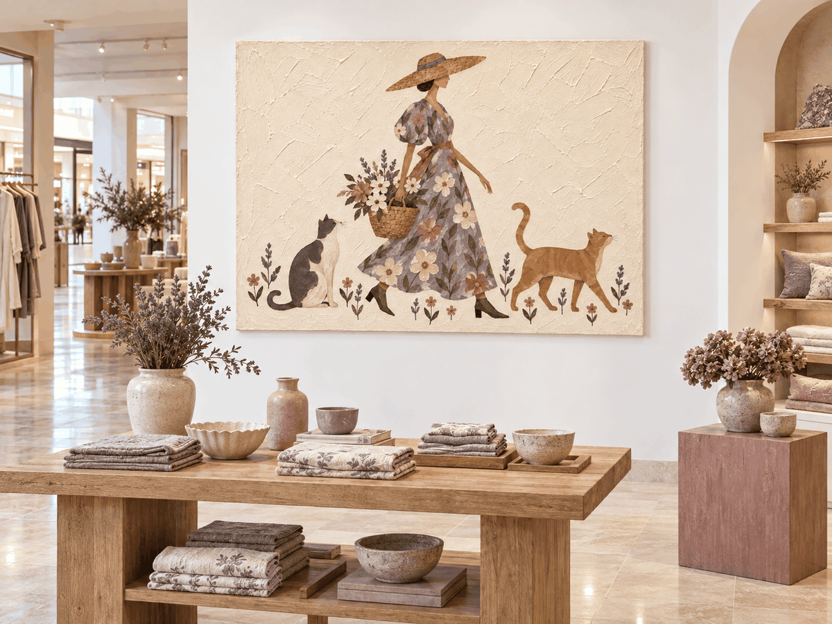 Hand-Painted Lady With Cats And Flowers Canvas Art In Beige And Purple