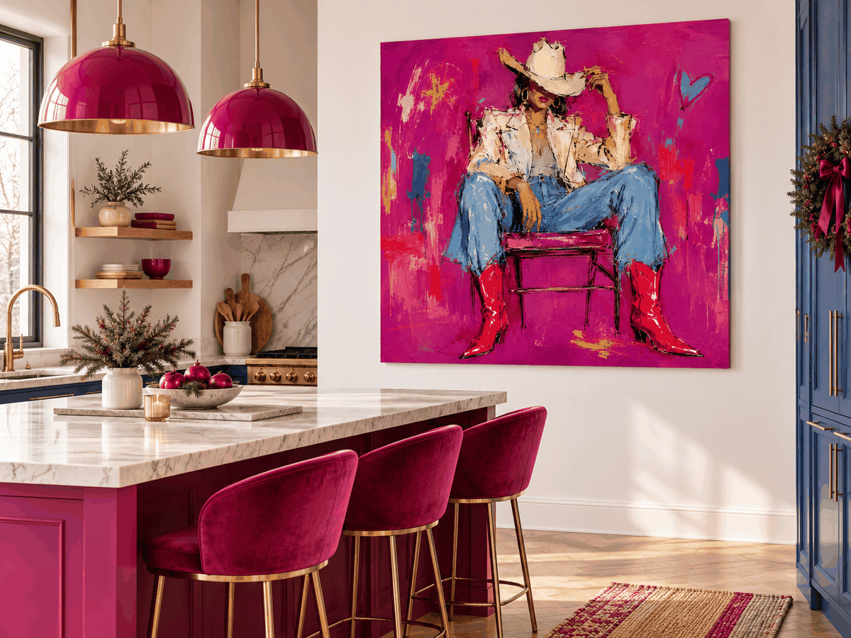 Vintage Pop Art Canvas Painting With Bright Magenta And Blue