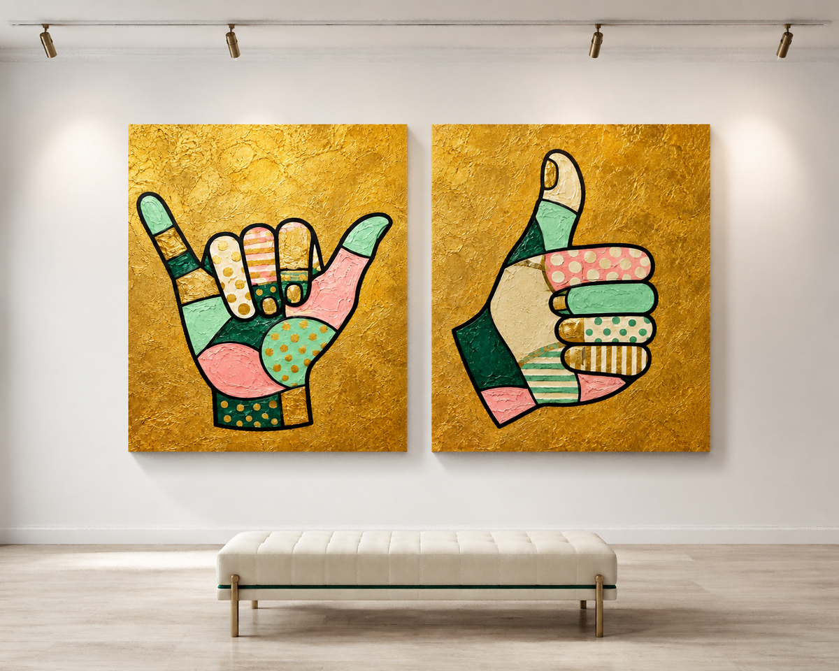 Hand-Painted Shaka And Thumbs Up Canvas Art Set With Gold Background