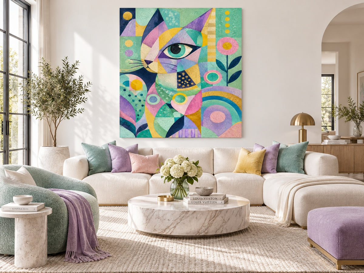 Modern Pop Art Cat Portrait With Textured Geometric Design