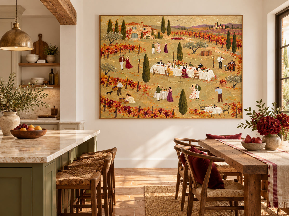 Tuscan Vineyard Dinner Party Hand-Painted Canvas Wall Art In Warm Autumn Colors