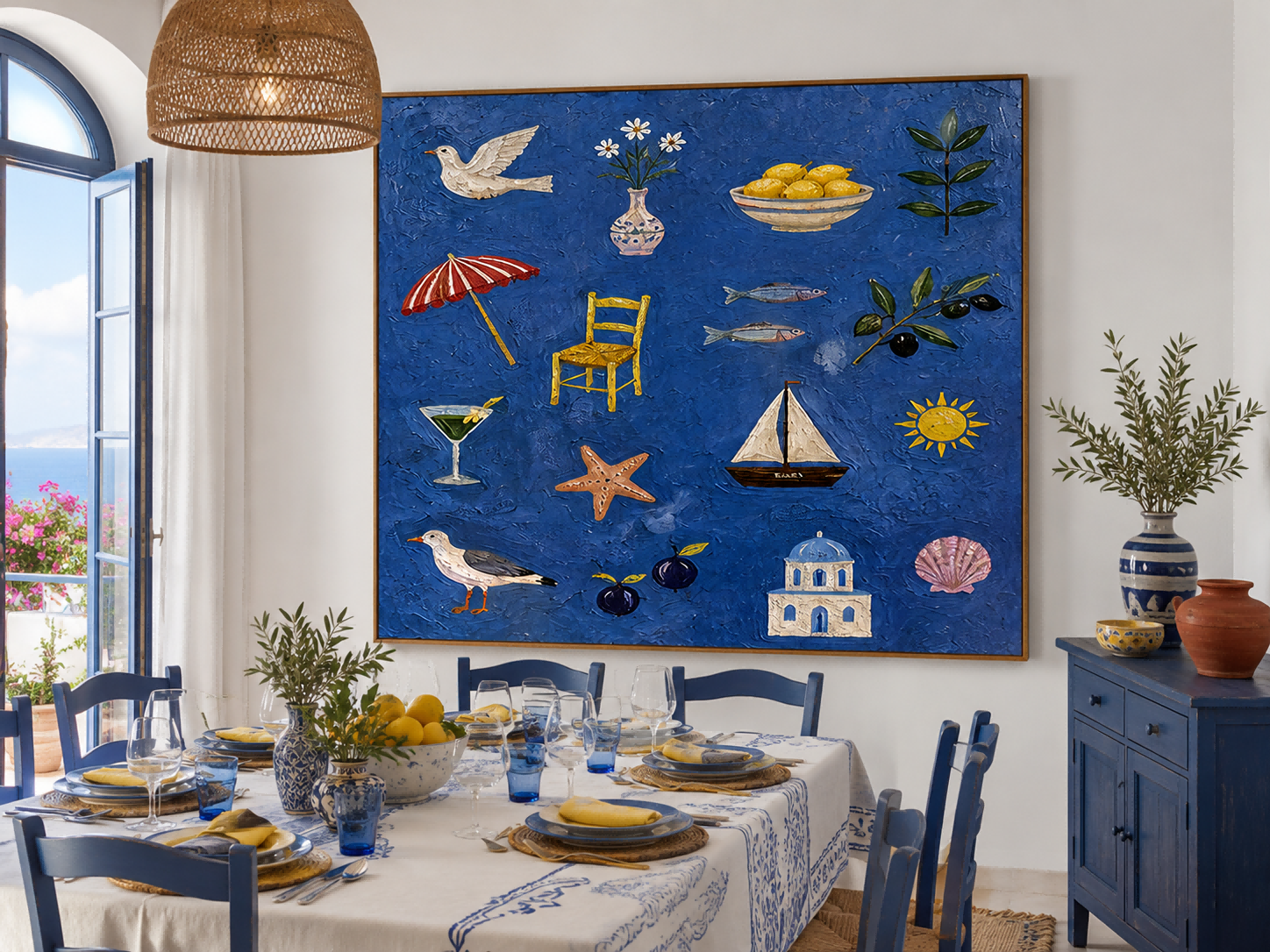 Mediterranean Folk Art Painting With Sea And Lemons For Coastal Home Decor