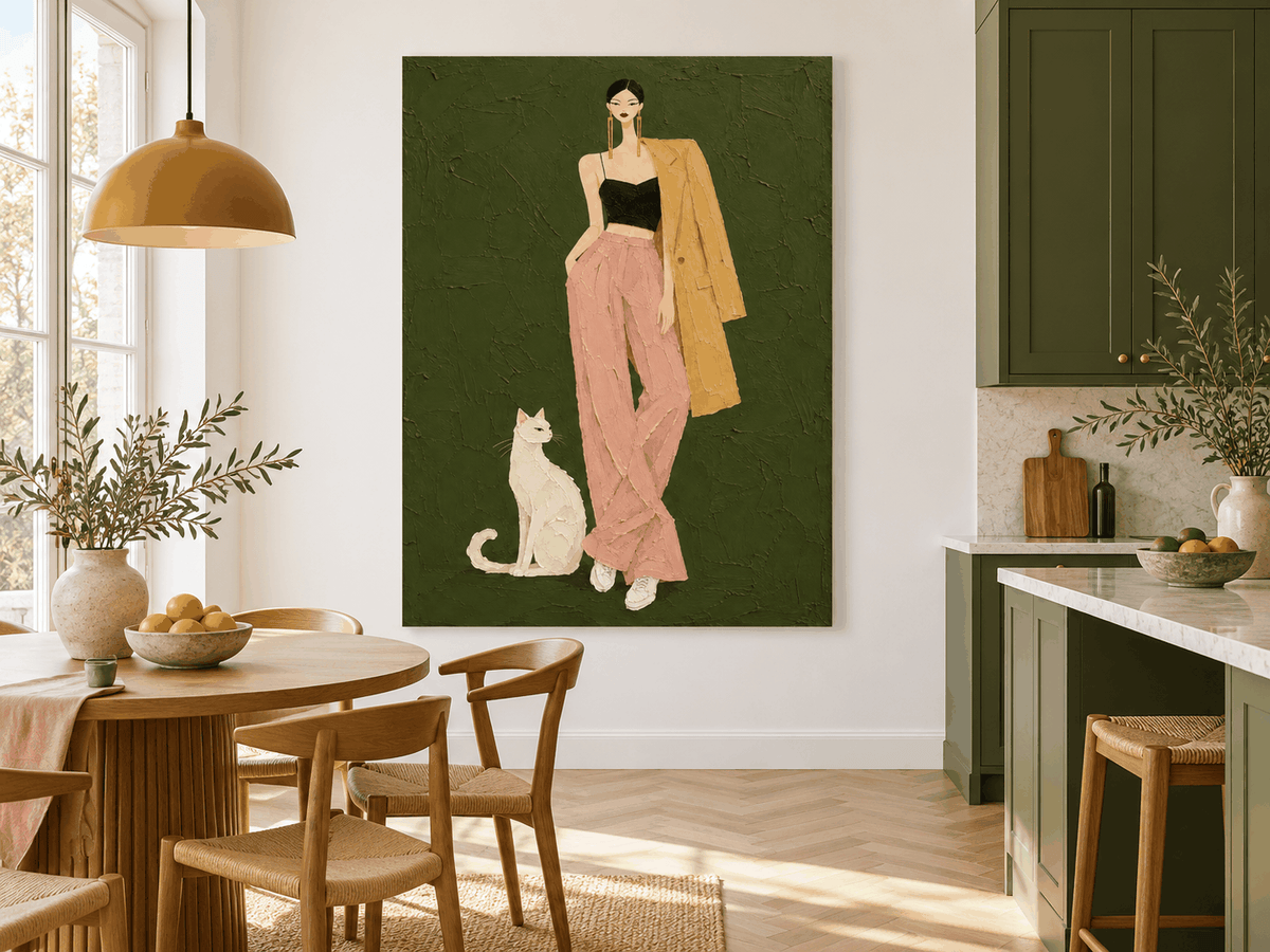 Textured Impasto Style Painting Of A Chic Woman And Her Cat