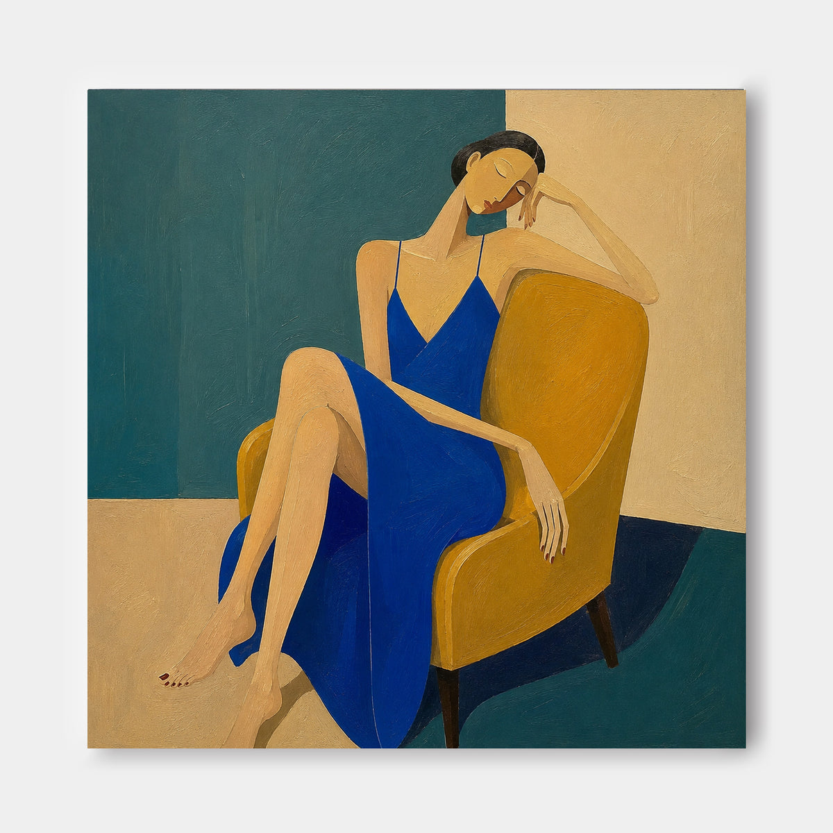 Minimalist Vintage Style Canvas Painting Textured Blue Beige Modern Portrait Art