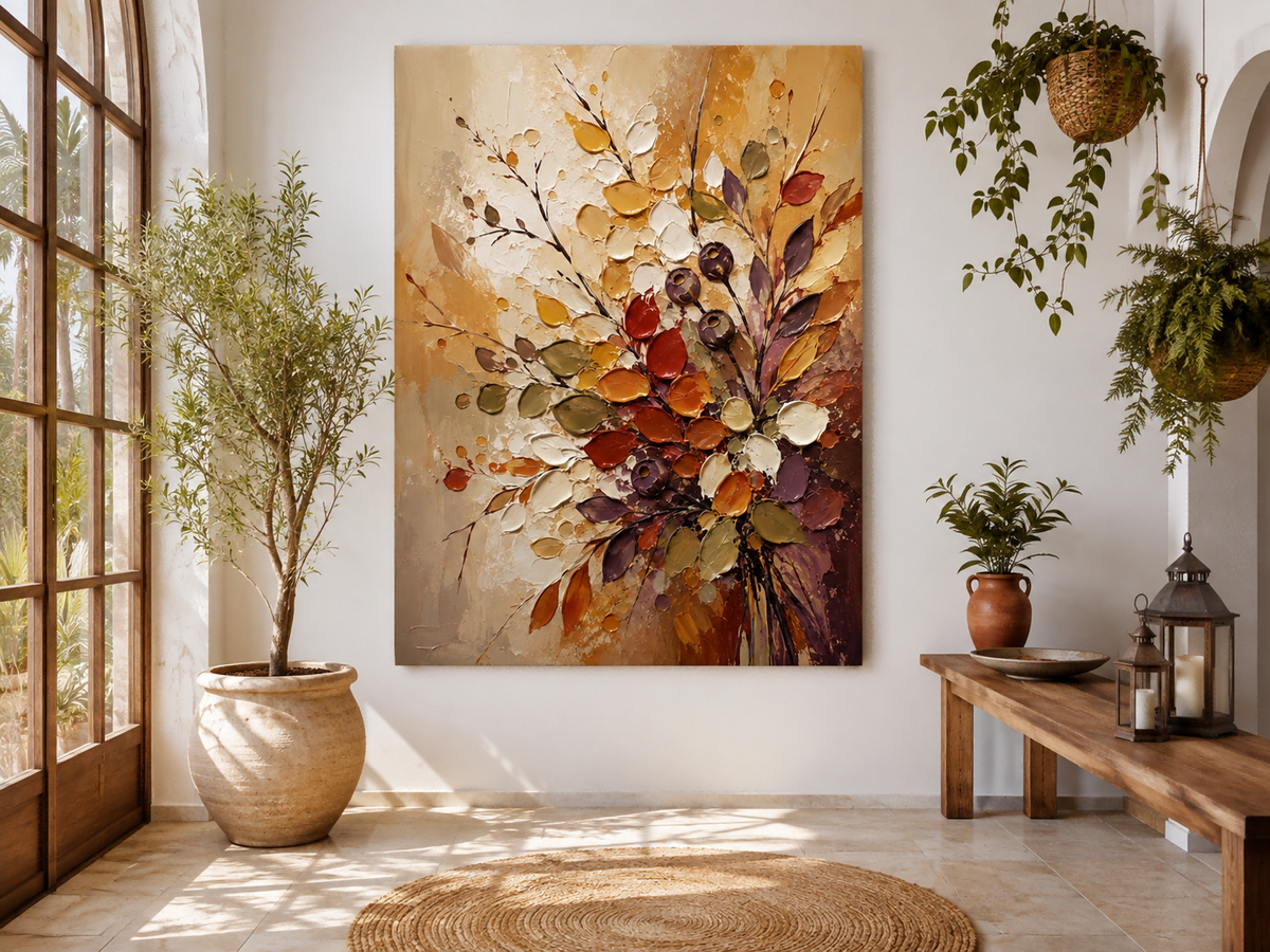Abstract Floral Canvas Painting With Gold And Beige Tones Vintage Inspired Abstract Art With Heavy Impasto Texture