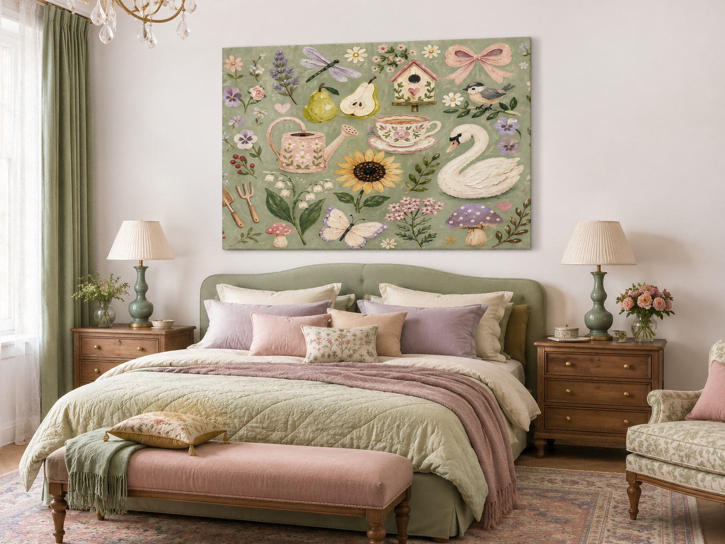 Pastoral Vintage Oil Painting With Sage Green Floral And Animal Motifs For Living Room Decor
