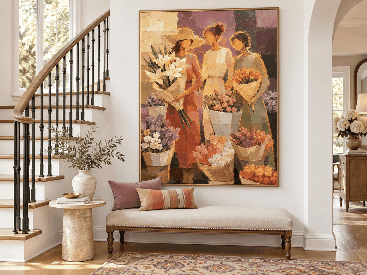 Modern Impressionist Textured Canvas Painting Hand-Painted Floral Market Scene With Three Women Canvas Art