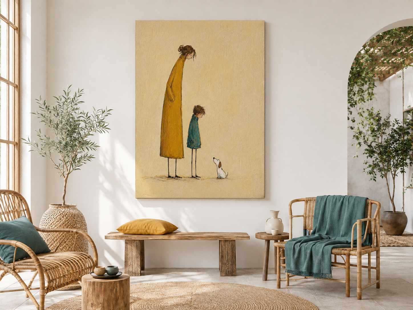 Naive Art Painting Of Mother Child And Dog For Modern Home Decor