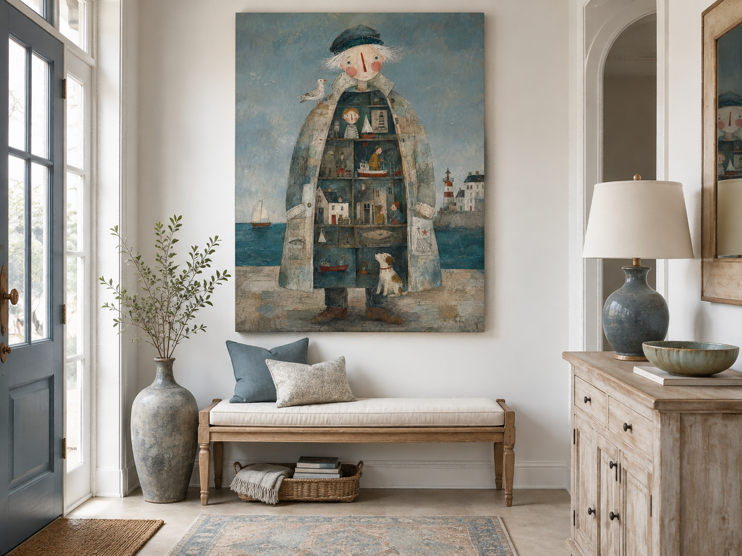 Abstract Surrealist Folk Art Painting With Textured Brushwork